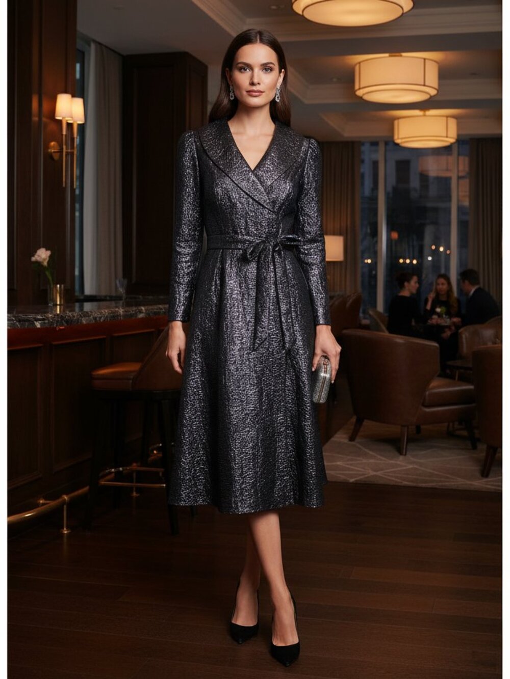 Alex Evenings Metallic Faux Wrap Midi Dress NWT Platinum Belted 6
